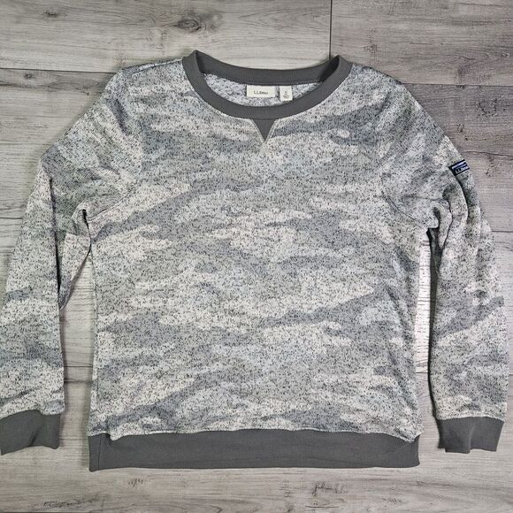 LL Bean Womens Medium Gray Heather Camo Sweater Pullover Long Sleeve Camouflage - Picture 1 of 7